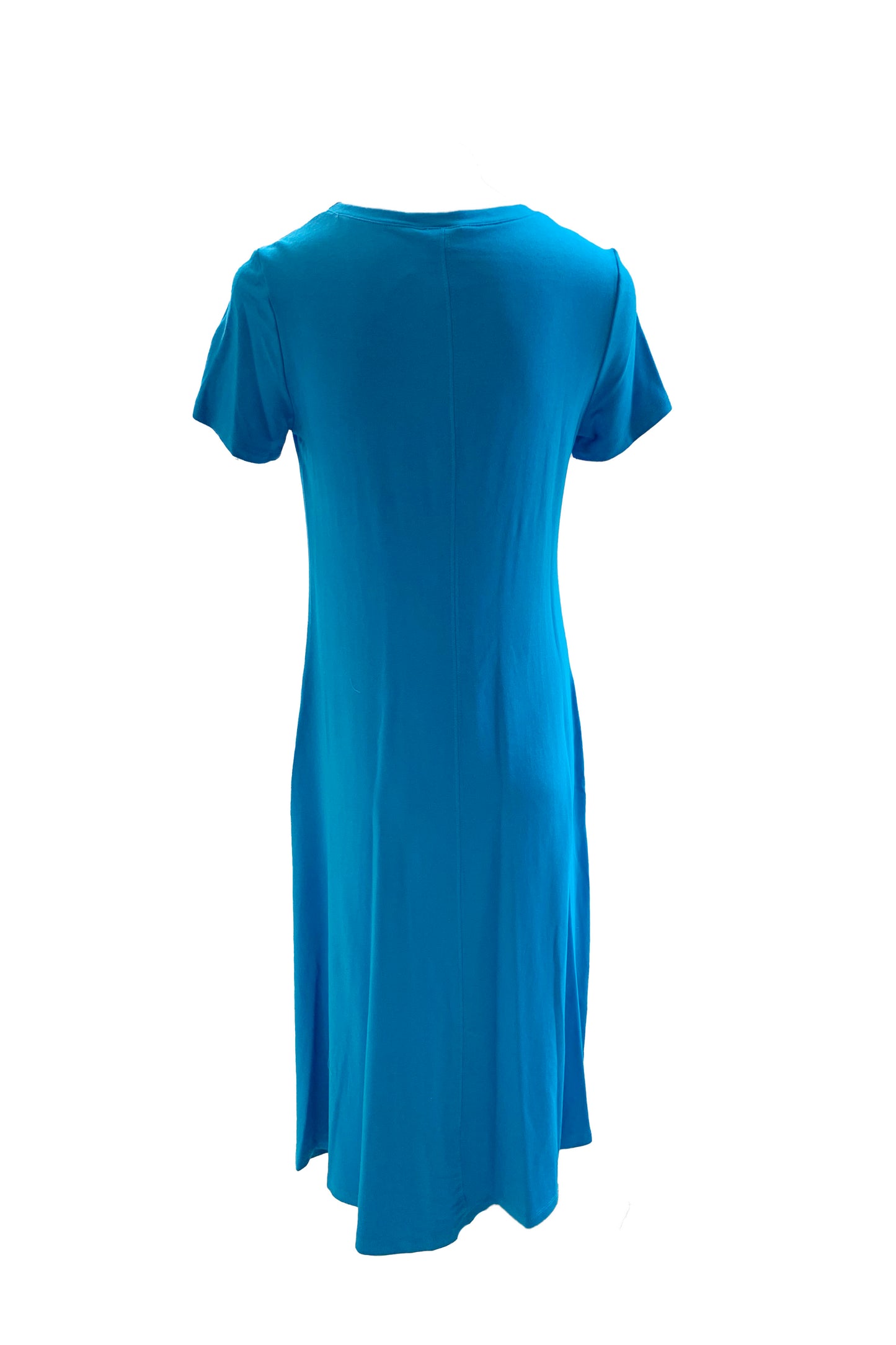 A back view of the Chloe Dress by Pure Essence in Lagoon is shown on a mannequin in front of a white background