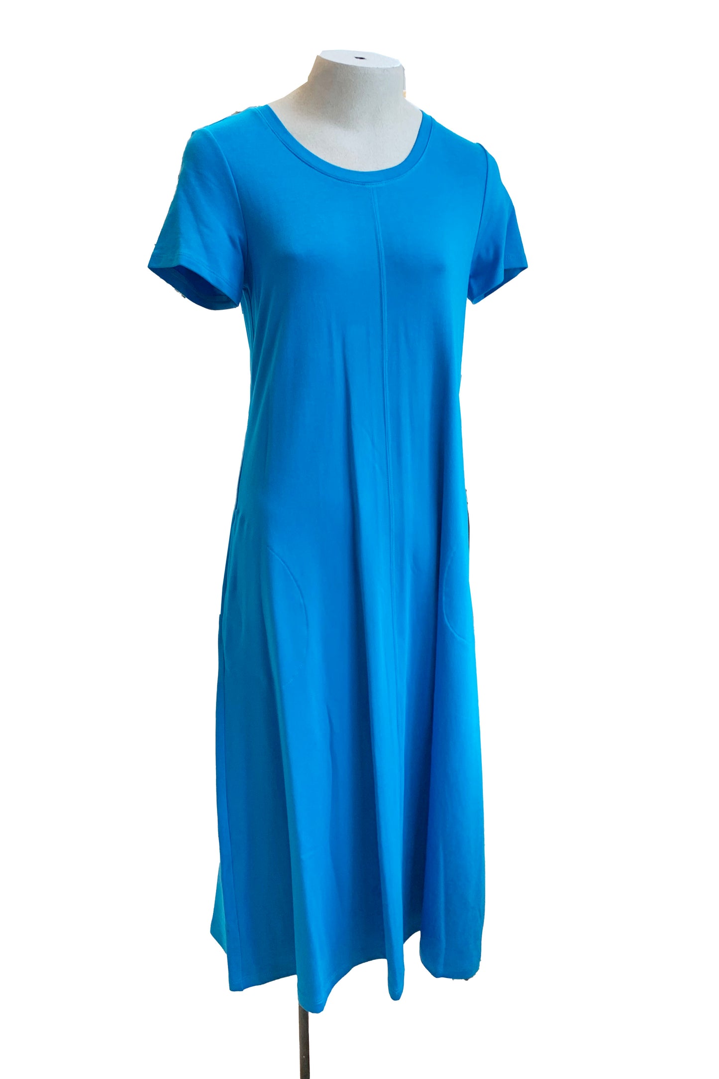 The Chloe Dress by Pure Essence in Lagoon is shown on a mannequin in front of a white background