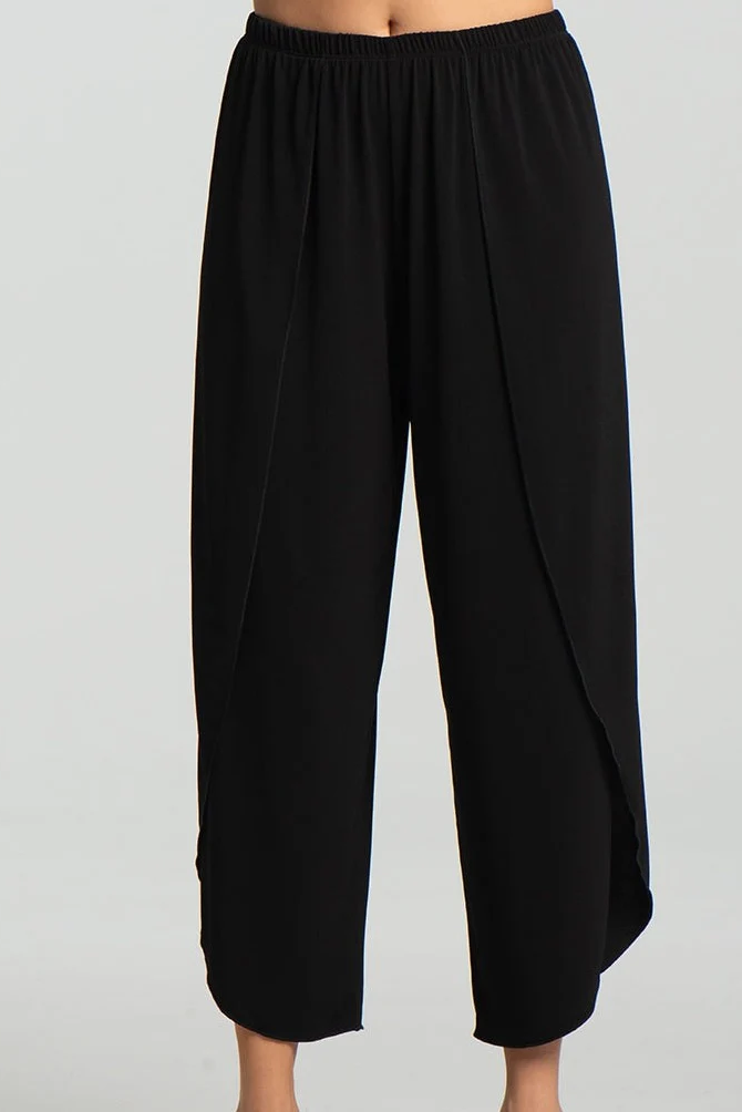 Miley Pants by Kollontai, Black, wide slightly cropped legs, angled tulip hems, elastic waist, lightweight, sizes XS to XXL, made in Montreal