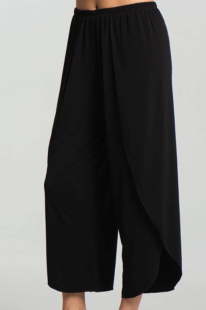 Miley Pants by Kollontai, Black, wide slightly cropped legs, angled tulip hems, elastic waist, lightweight, sizes XS to XXL, made in Montreal