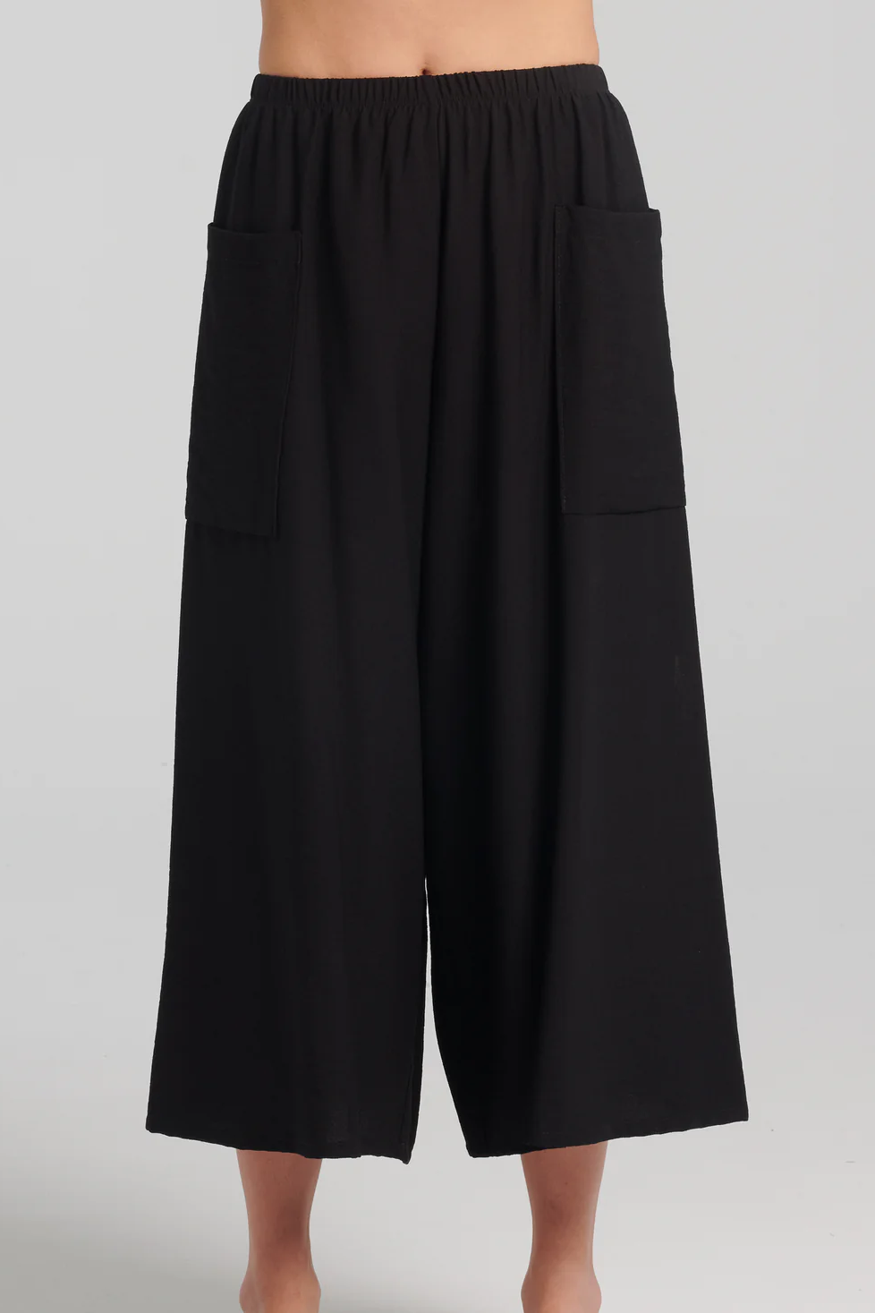 Ishtar Pants by Kollontai, Black, cropped, very wide legs, elastic waist, patch pockets, lightweight rayon knit, sizes XS to XXL, made in Montreal