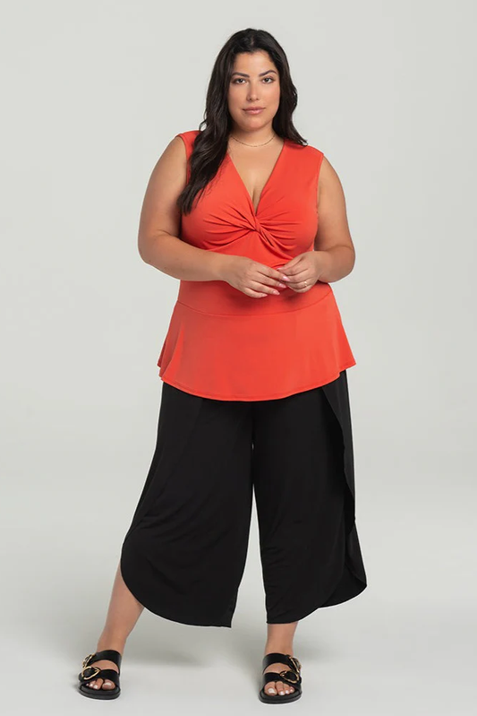 Miley Pants by Kollontai, Black, wide slightly cropped legs, angled tulip hems, elastic waist, lightweight, sizes XS to XXL, made in Montreal