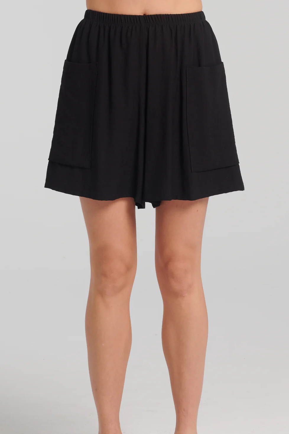 Seren Shorts by Kollontai, Black, wide legs, elastic waist, large patch pockets, rayon blend, sizes XS to XXL, made in Montreal