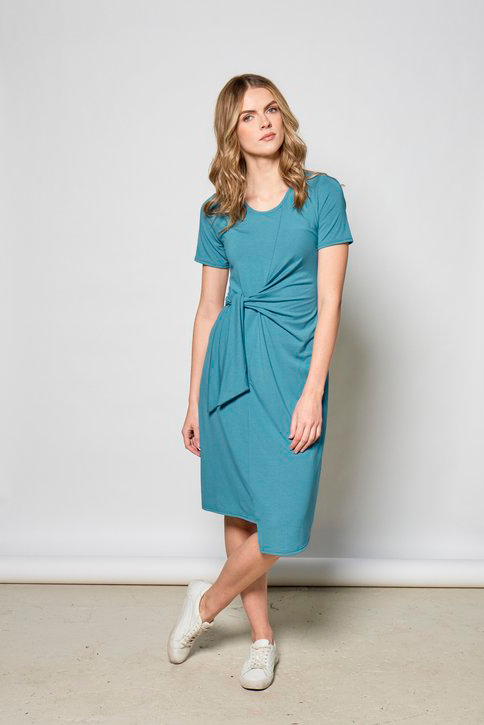 Rachelle Dress by Tangente, Fiji, short sleeves, asymmetrical front hem, diagonal front seam, draping built-in ties, knee-length, anti-pill jersey, sizes XS to XXL, made in Ottawa