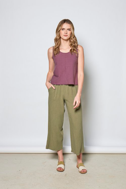 Heidi Pant by Tangente, Sage, cropped, wide leg, elastic waist, slant pockets, eco-fabric, rayon and linen, OEKO-TEX certified, sizes XS to XL, made in Montreal