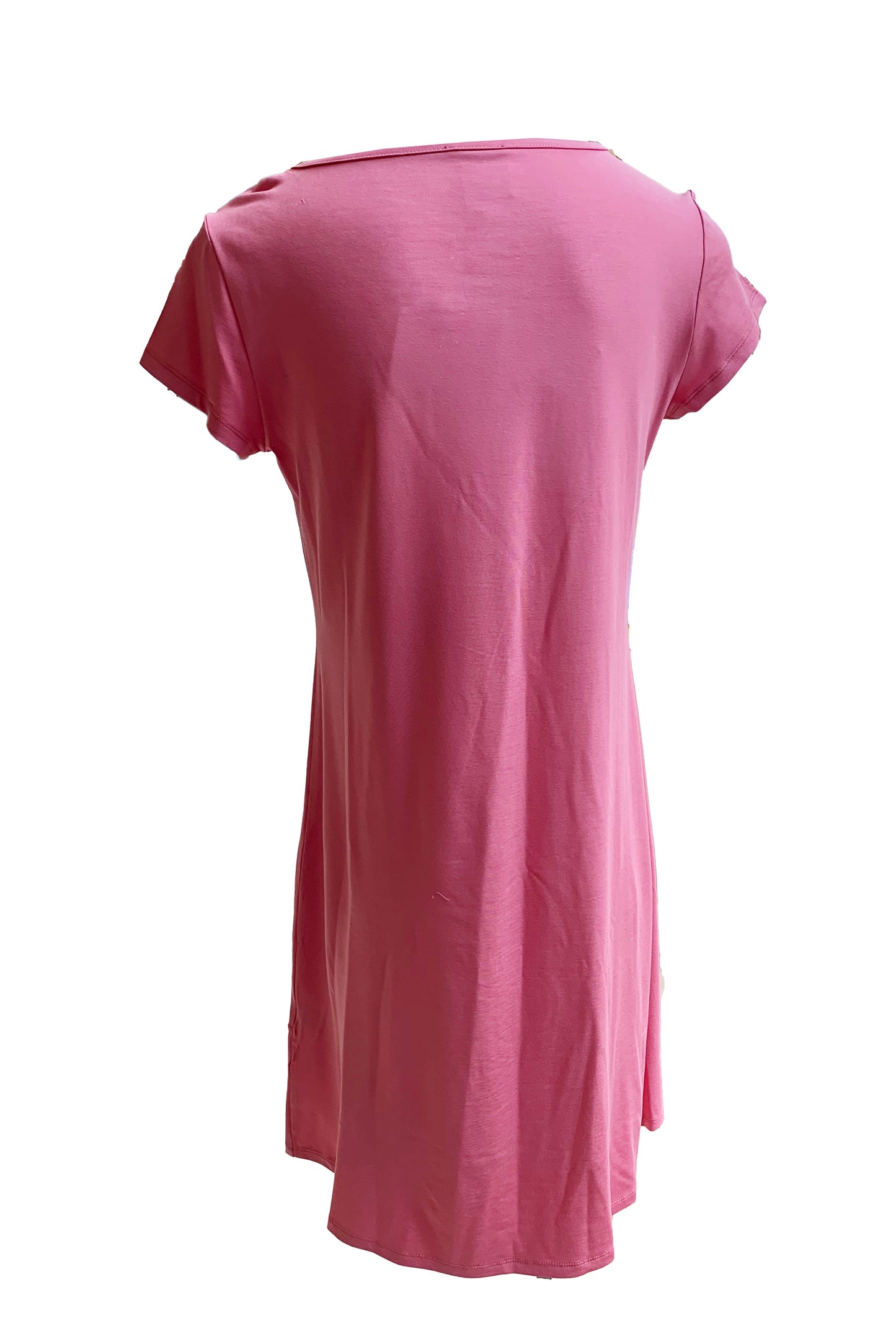 A back view of the Catreena Dress in Sorbet by Pure Essence is shown on a mannequin against a white background