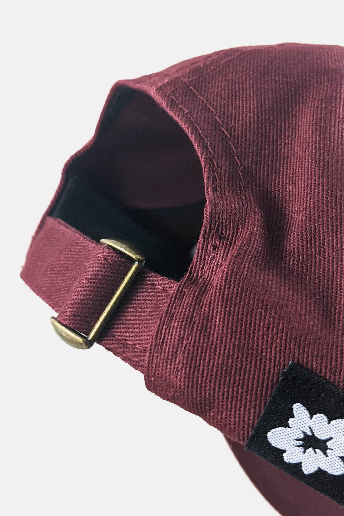 Back view of the Troubled Youth Hat by Badaboöm Studio, a burgundy baseball cap featuring white embroidery that says Troubled Youth, set against a light grey background.