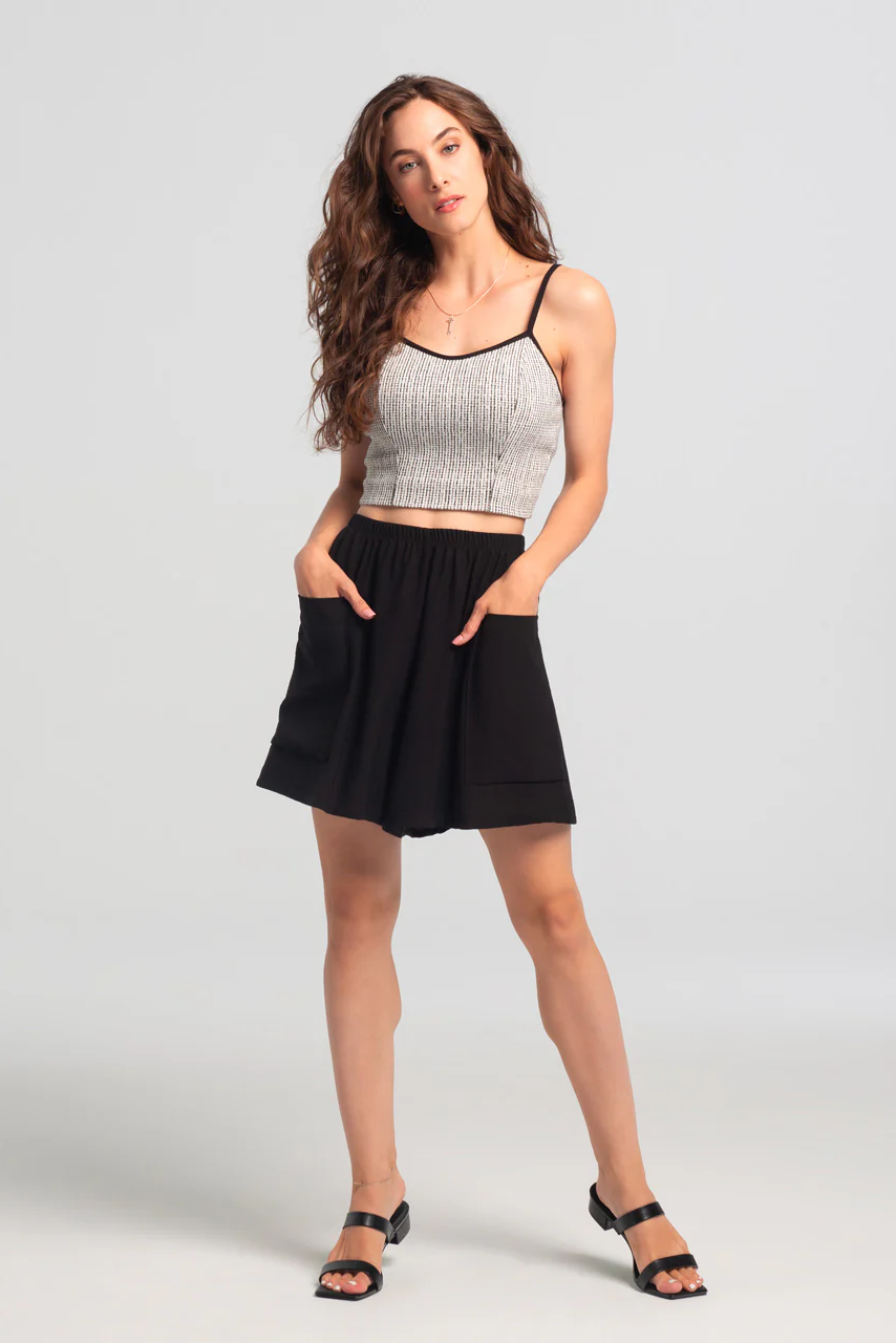 Seren Shorts by Kollontai, Black, wide legs, elastic waist, large patch pockets, rayon blend, sizes XS to XXL, made in Montreal