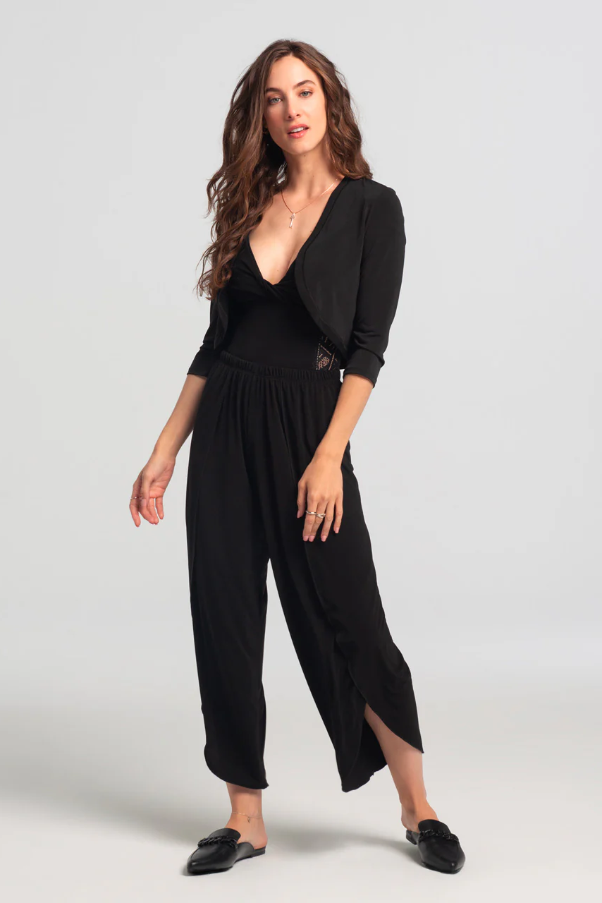 Miley Pants by Kollontai, Black, wide slightly cropped legs, angled tulip hems, elastic waist, lightweight, sizes XS to XXL, made in Montreal