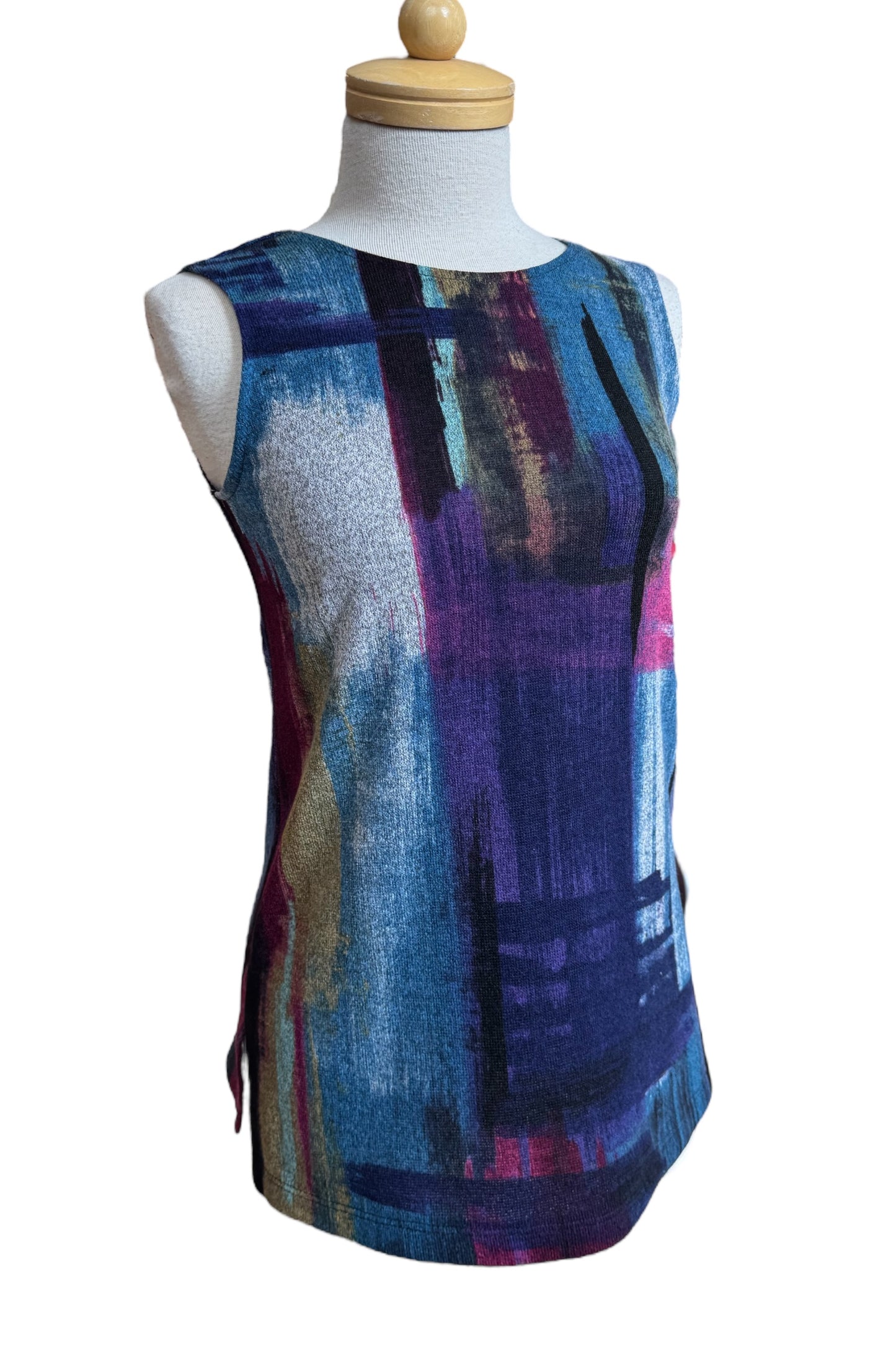 The Preston Top by Compli K in Blue and Berry Abstract print, a long sleeveless top with a round neck, is shown on a mannequin in front of a white background.