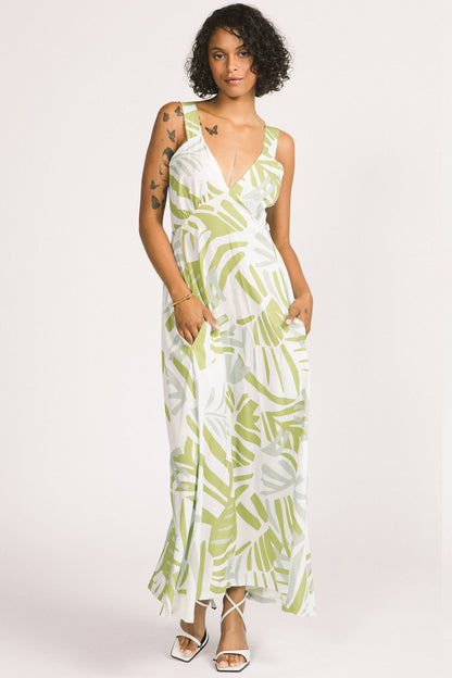 Alora Dress by Allison Wonderland, Frond Leaf, wide straps, deep V-neckline, gathers on underbust seams, in-seam pockets, maxi skirt, eco-fabric, Lenzing Ecovero Viscose, sizes 2-12, made in Vancouver 