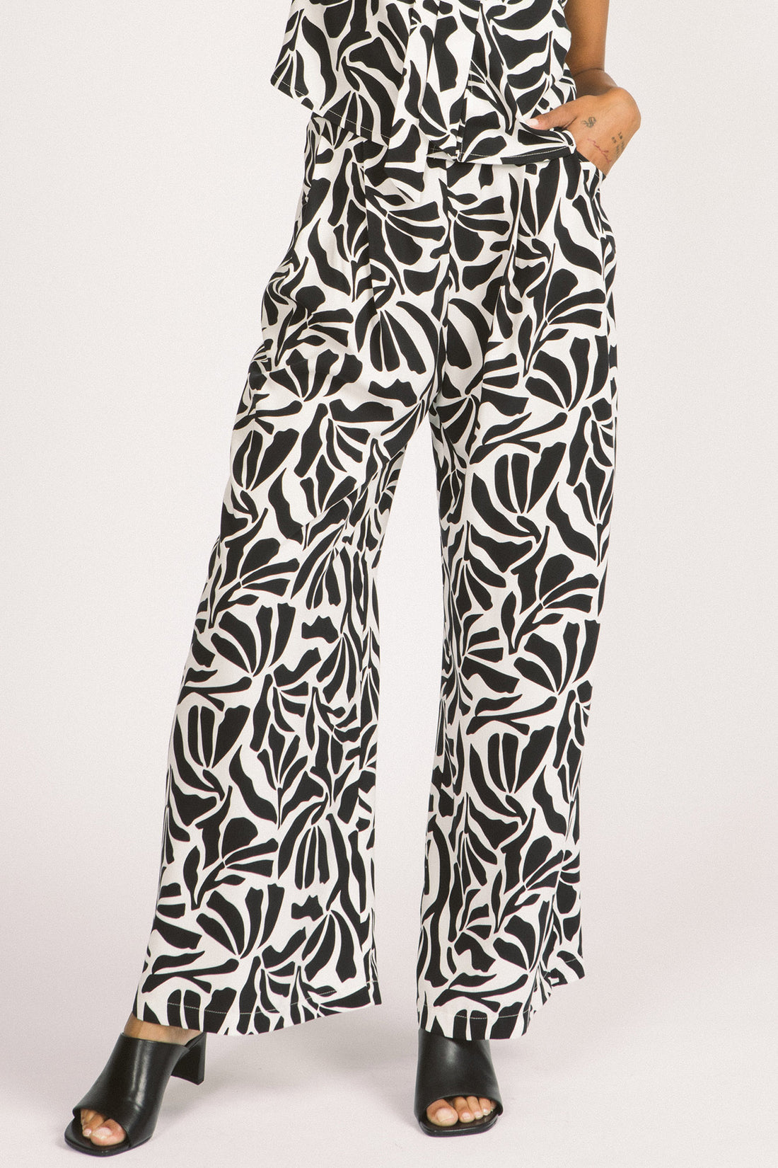 Darcy Pants by Allison Wonderland, Zebra Leaf Print, wide leg, elastic waist, pleats, eco-fabric, Lenzing ecovero viscose, sizes 2-12, made in Vancouver 