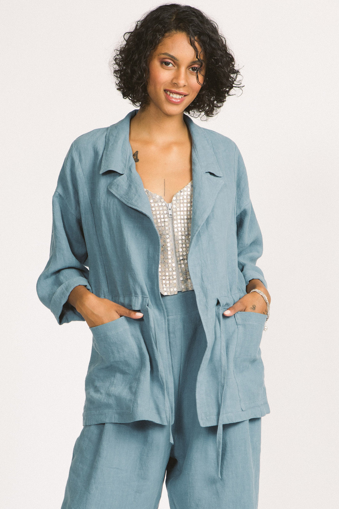 Greer Blazer by Allison Wonderland, Sky, over-sized blazer, notched collar, large patch pockegs, drawstring at waist, linen, eco-fabric, sizes 2-12, made in Vancouver