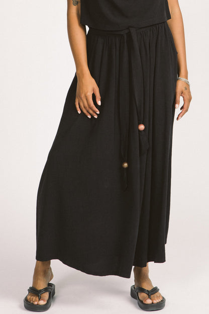 Oriana Skirt by Allison Wonderland, Black, full maxi skirt, elastic waist, removable belt with beads, pockets, eco-fabric, viscose/linen, sizes 2-12, made in Vancouver
