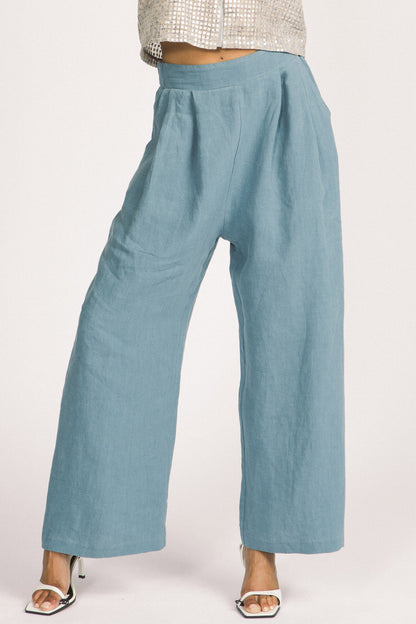 Romy Pants by Allison Wonderland, Sky, wide legs, full length, flat waistband with elastic at the side, pleats, pockets, eco-fabric, linen, sizes 2-12, made in Vancouver
