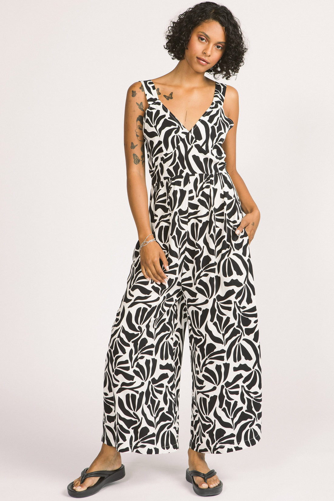 Zadie Jumpsuit by Allison Wonderland, Zebra Leaf, sleeveless, wide straps, V-neck, gathers under bust, fitted waist, wide legs, pockets, eco-fabric, Lenzing Ecovero Viscose, sizes 2-12, made in Vancouver