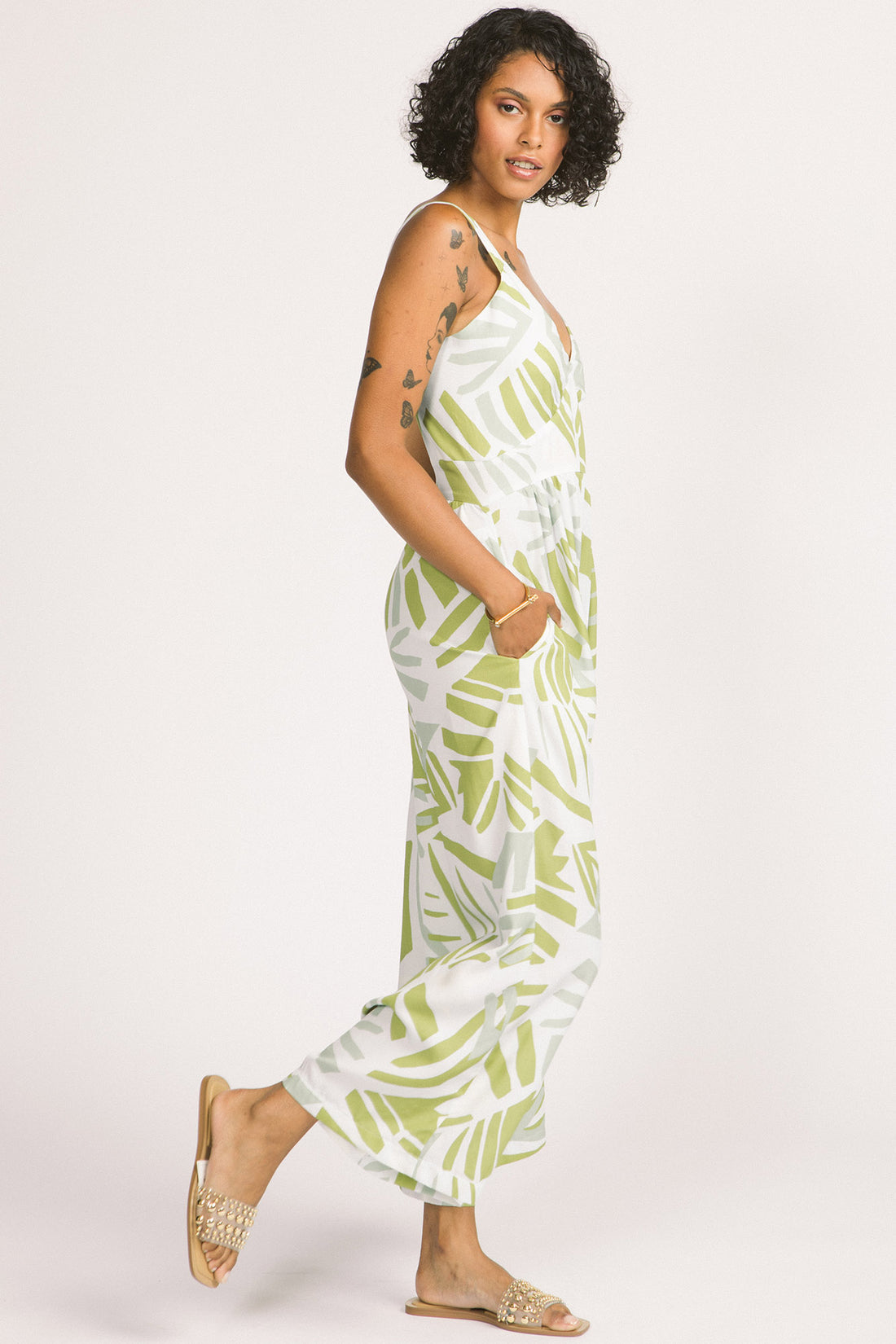 Zadie Jumpsuit by Allison Wonderland, Frond Leaf, sleeveless, wide straps, V-neck, gathers under bust, fitted waist, wide legs, pockets, eco-fabric, Lenzing Ecovero Viscose, sizes 2-12, made in Vancouver