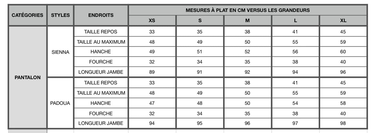 Kazak Size Padua Pants size chart