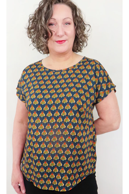  Bea Blouse by Mandala, Fly Navy, round neck, short sleeves, French darts, scooped hem, pull-on, sizes XS to XL, made in Ontario 