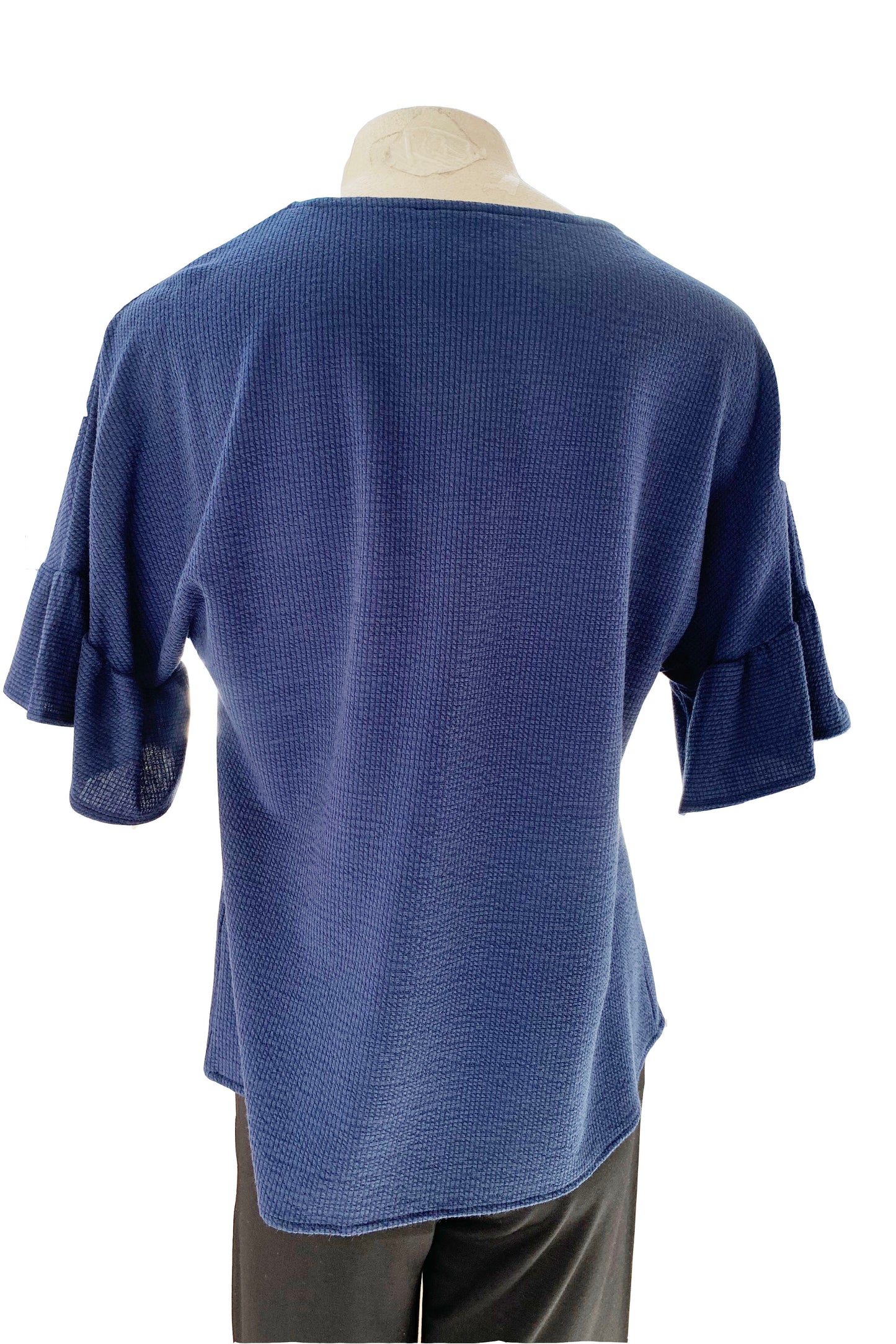 Calvin Top by Pure Essence, Navy, back view, square neckline, gathers across the chest, loose elbow-length sleeves with ruffle detail, flows away from the body, rib-knit, sizes XS to XXL, made in Canada