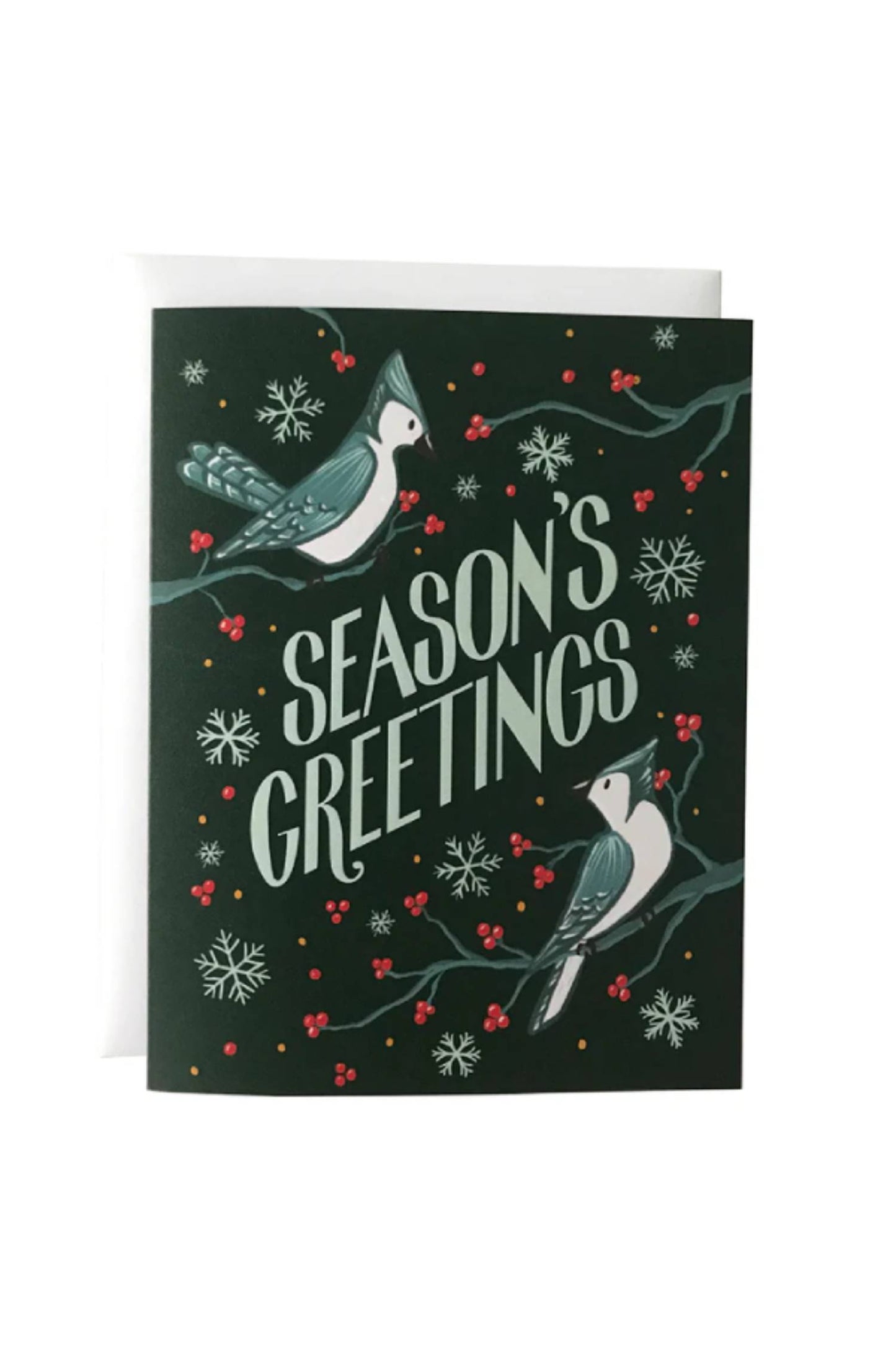 A Blue Jay Season's Greetings card from an 8-card box set by Carabara Designs is show against a white background.