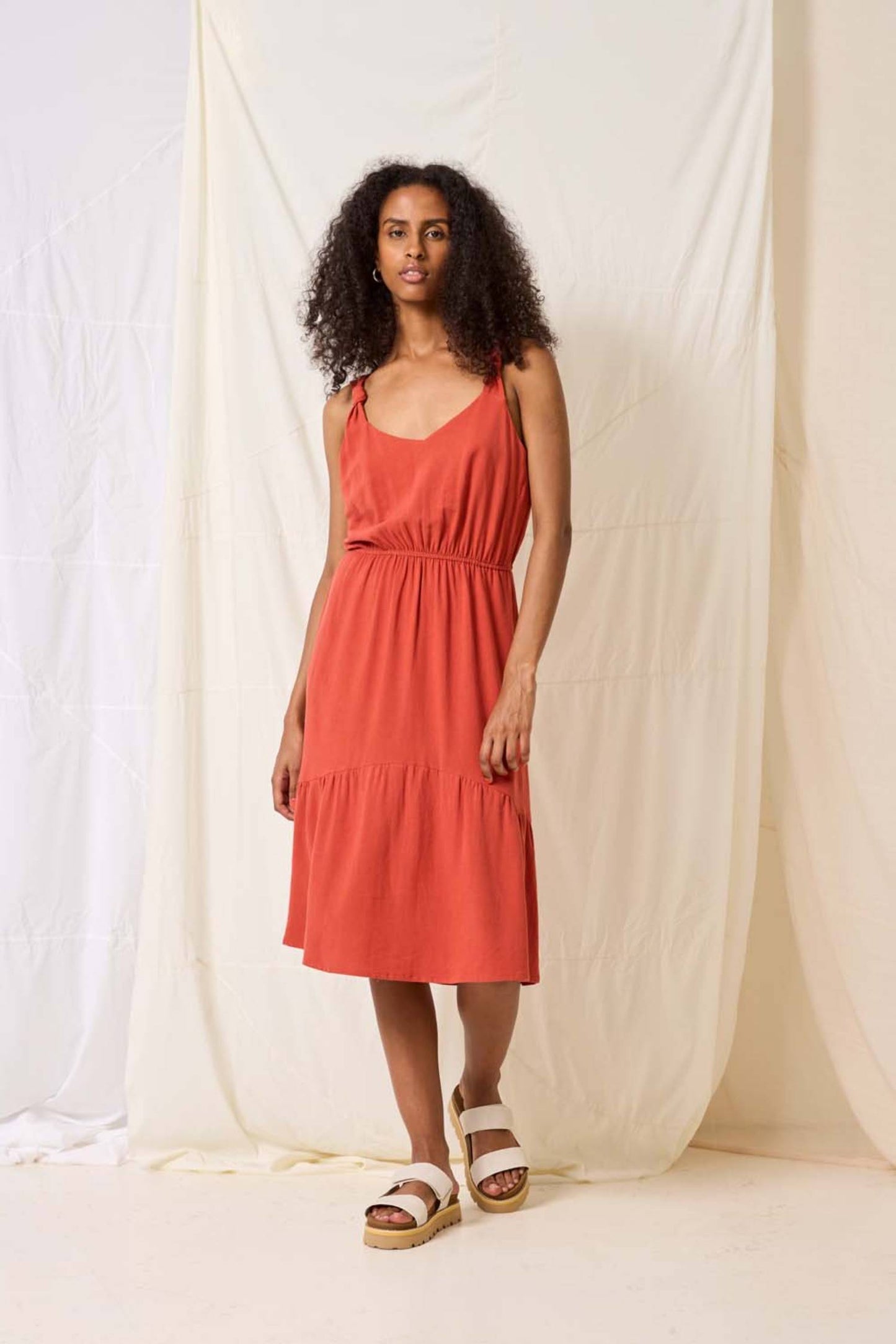 Rubia Dress by Cokluch, Chili, tank dress, knotted straps, rounded V-neck, elastic waist, midi-length, ruffled hem, viscose/linen, sizes XS to XL, made in Montreal