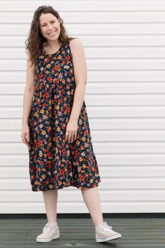 Rose Dress by Copious, Floral Print, tank dress, loose fit, mid-calf length, pockets, cotton, linen, sizes XS to L, made in Ottawa