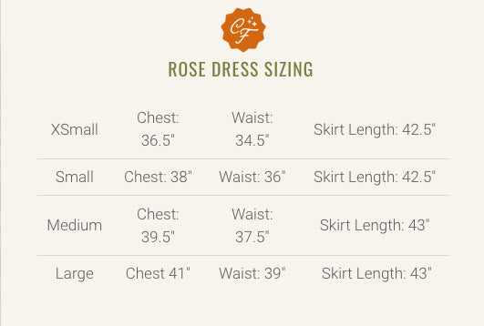 Rose Dress by Copious, Size Chart