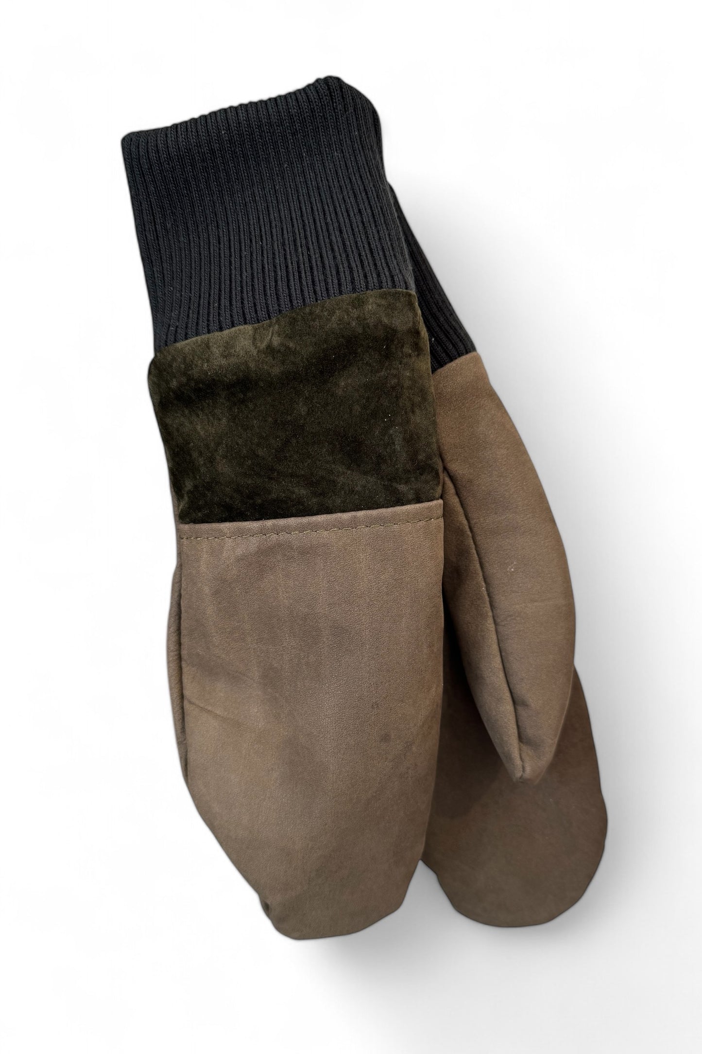 Lhasa Mittens by Kazak in Olive, featuring recycled leather, ribbed knit cuffs, and fleece lining.