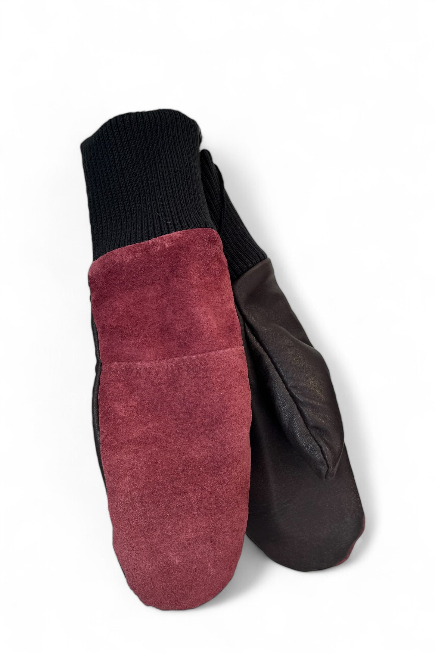 Lhasa Mittens by Kazak in Old Pink, featuring recycled leather, ribbed knit cuffs, and fleece lining.