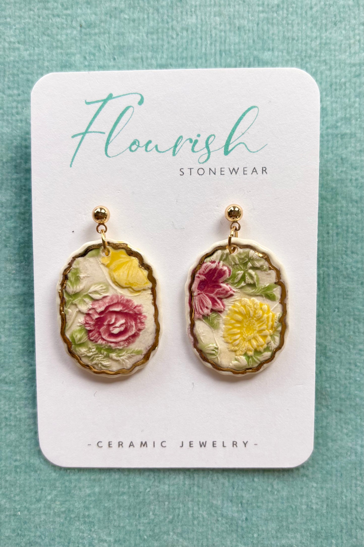 Vintage Floral Ceramic Dangle Earrings