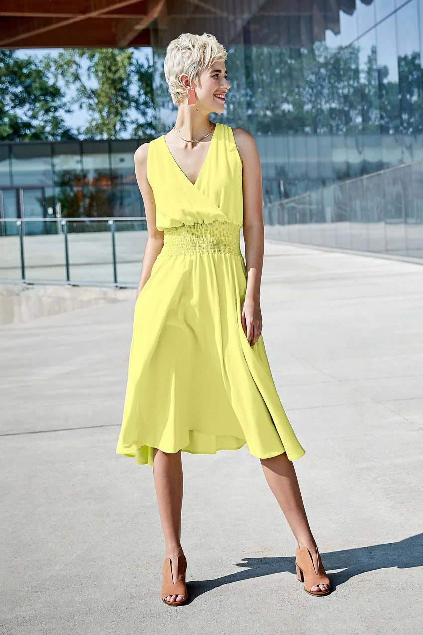 India Dress by Melow, Lemon, sleeveless, deep cross-over neck, wide elastic waistband, knee length skirt, side pockets, sizes XS to XXL, made in Montreal