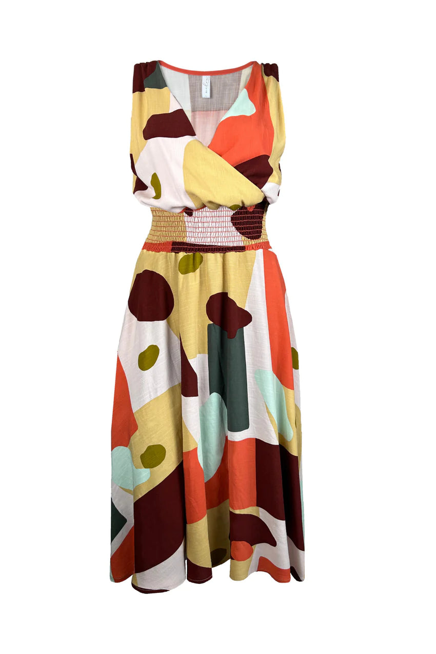 India Dress by Melow, Pablo, sleeveless, deep cross-over neck, wide elastic waistband, knee length skirt, side pockets, sizes XS to XXL, made in Montreal