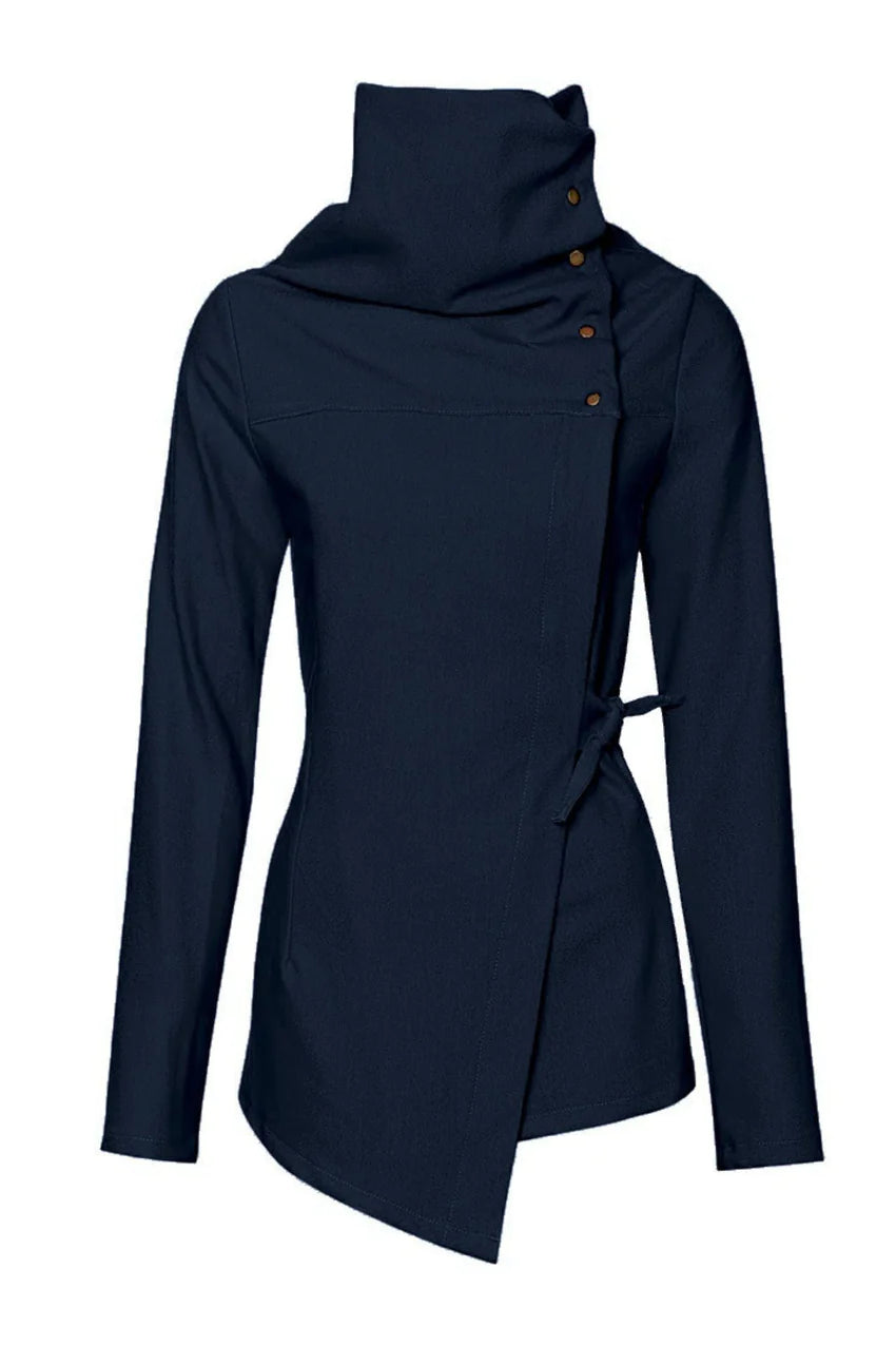 Isabeau Jacket by Melow, Navy, asymmetrical shape, high neck with snaps and cord, adjustable tie at the waist, slim fit with a flare at the hips, sizes XS to XXL, made in Montreal