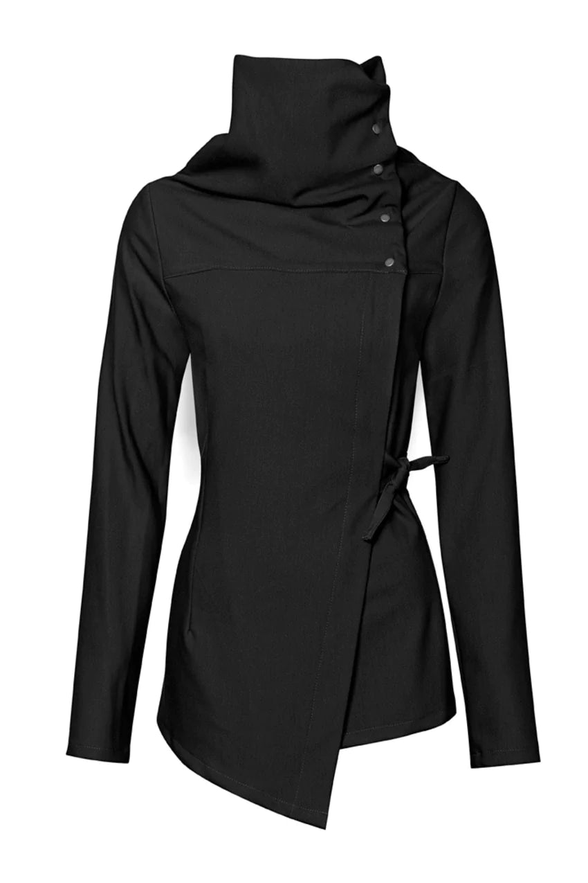 Isabeau Jacket by Melow, Black, asymmetrical shape, high neck with snaps and cord, adjustable tie at the waist, slim fit with a flare at the hips, sizes XS to XXL, made in Montreal