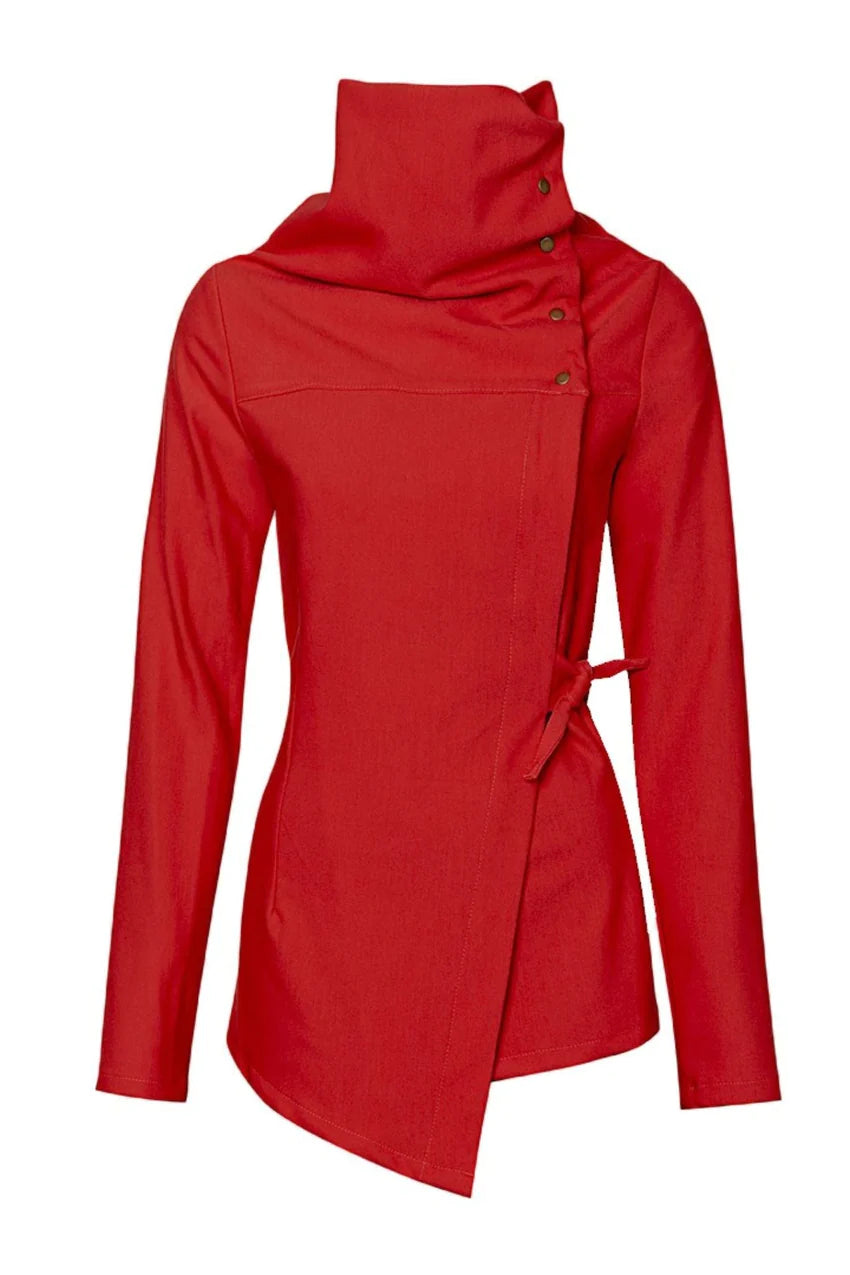 Isabeau Jacket by Melow, Red, asymmetrical shape, high neck with snaps and cord, adjustable tie at the waist, slim fit with a flare at the hips, sizes XS to XXL, made in Montreal