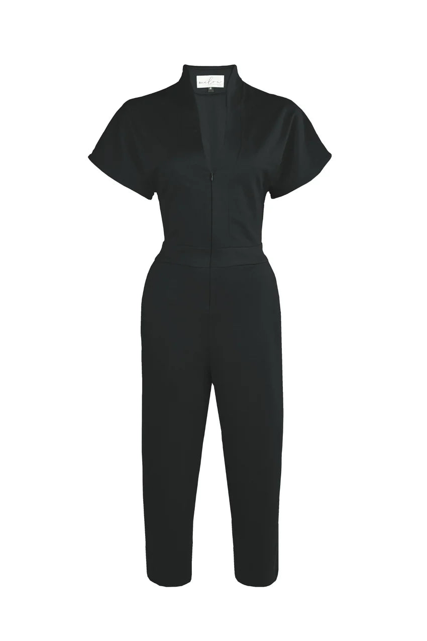 The Jayden Jumpsuit by Melow in Black is shown against a white background