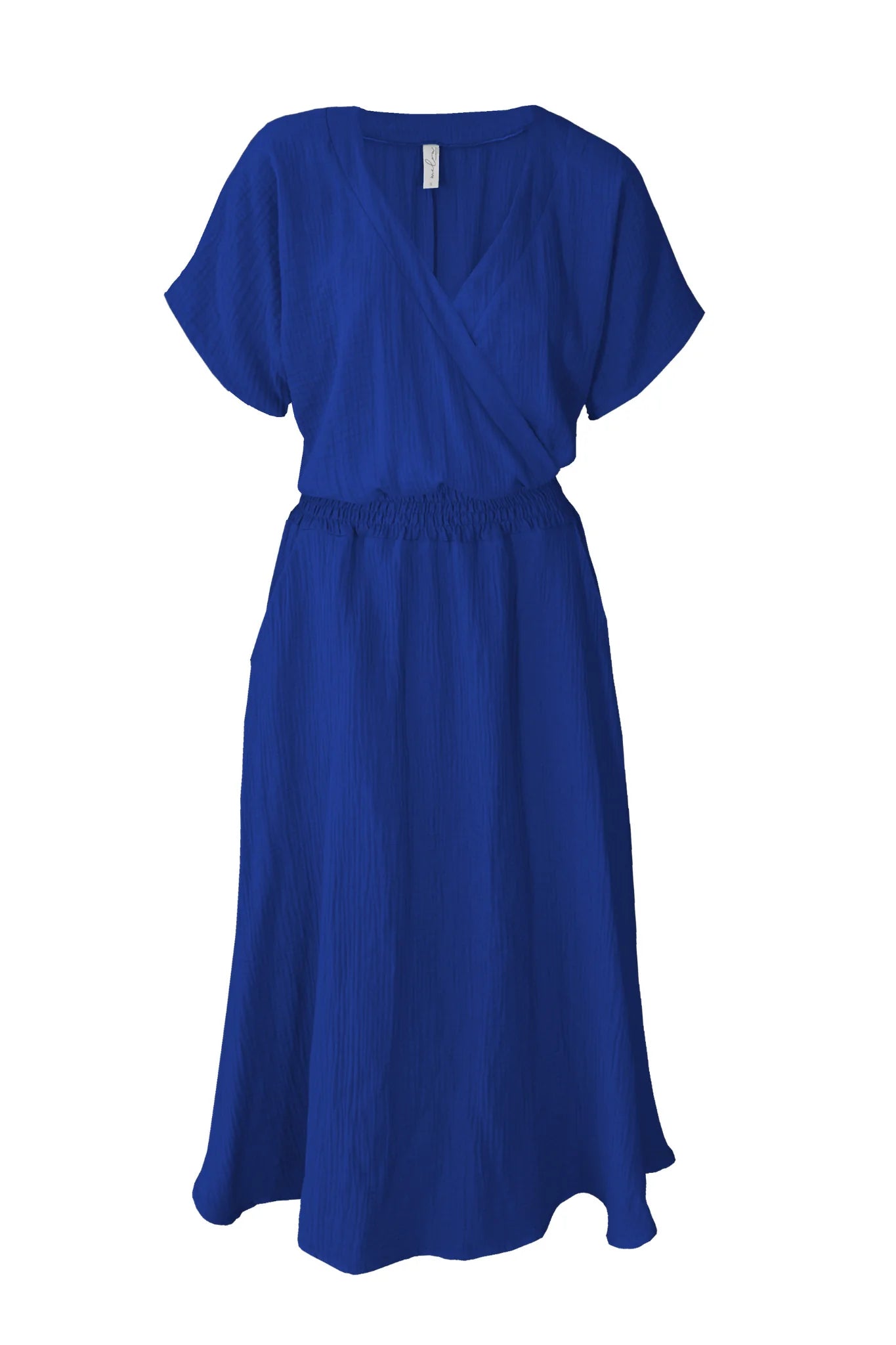 The Killian Dress by Melow in Cobalt, a mid-length flowing dress with a cross-over v-neck, short kimono sleeves, and a honeycomb elastic waist, is shown against a white background.