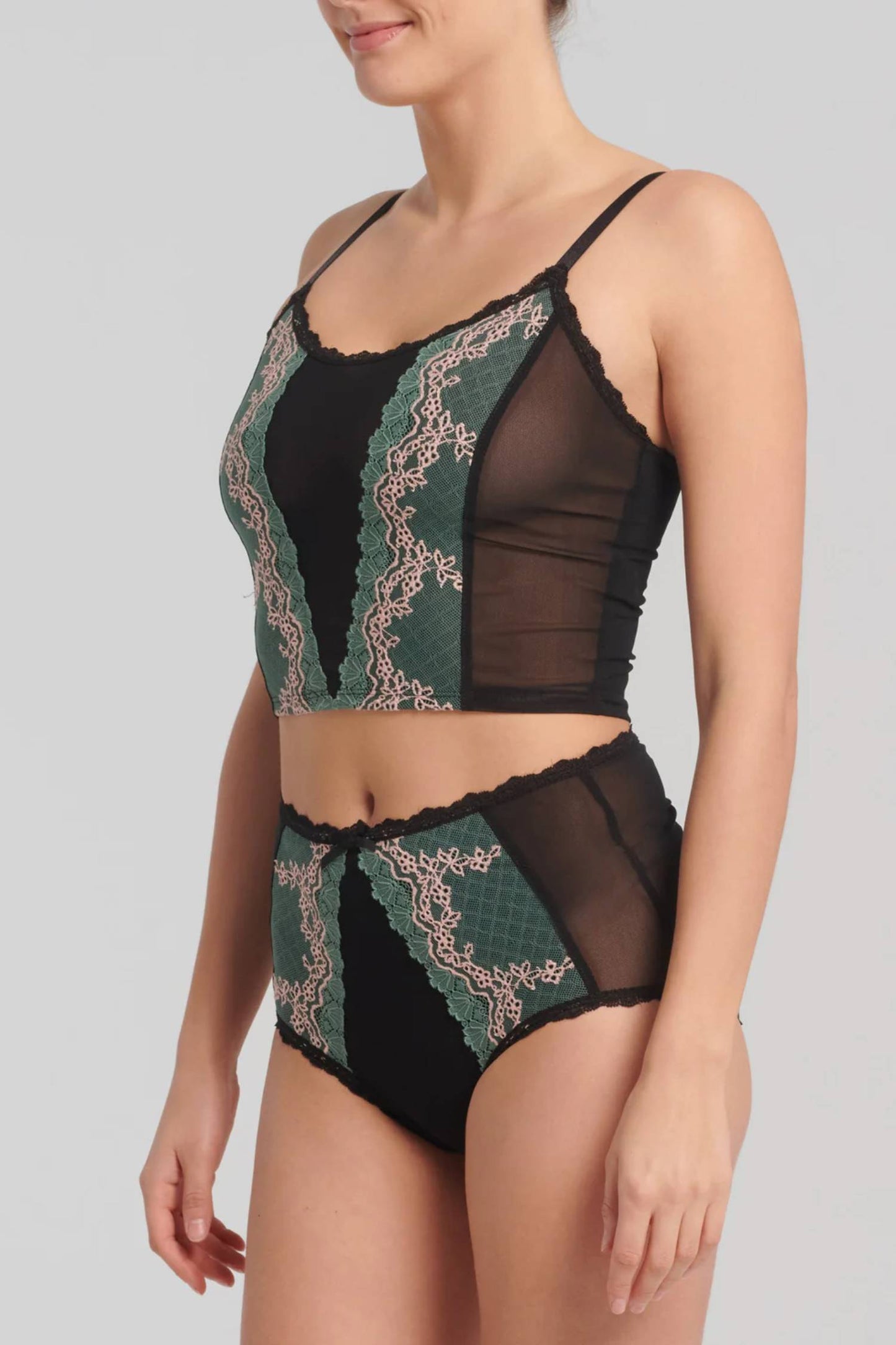 Raluca Brief by Kollontai, Green, high-waisted panties, lace and mesh, sizes XS to XL, made in Montreal 