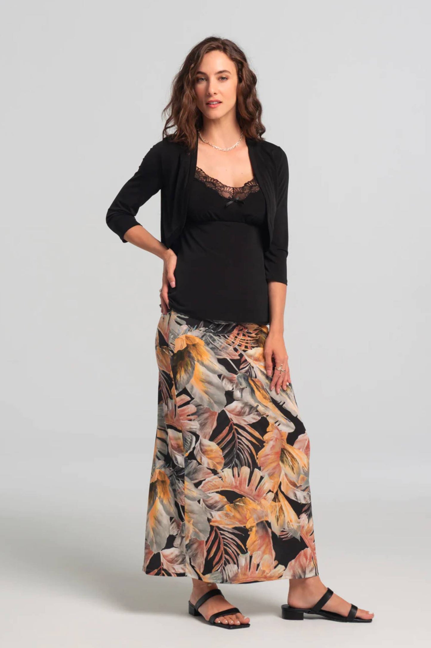 Melika Bolero by Kollontai, Black, 3/4 sleeves, slightly cropped length, rounded hem is shorter in the front, sizes XS to XXL, made in Montreal