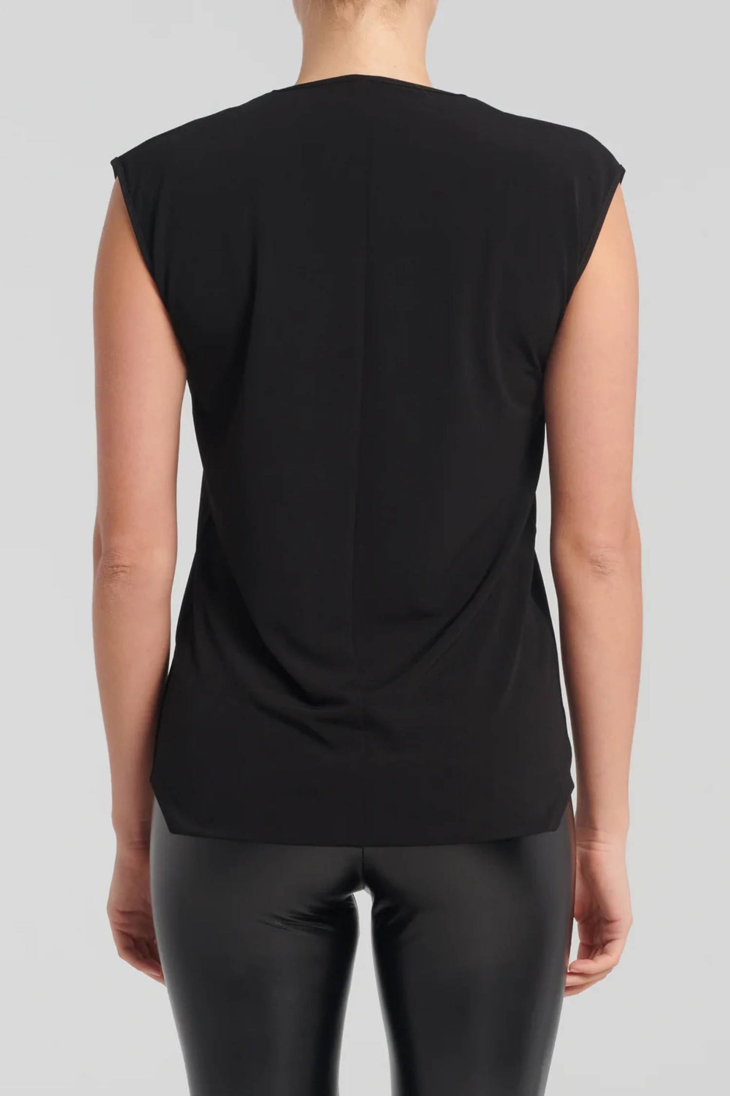 Salvio Top by Kollontai, Black, back view, sleeveless, V-neck, slightly loose fit, hip length, sizes XS to XXL, made in Montreal
