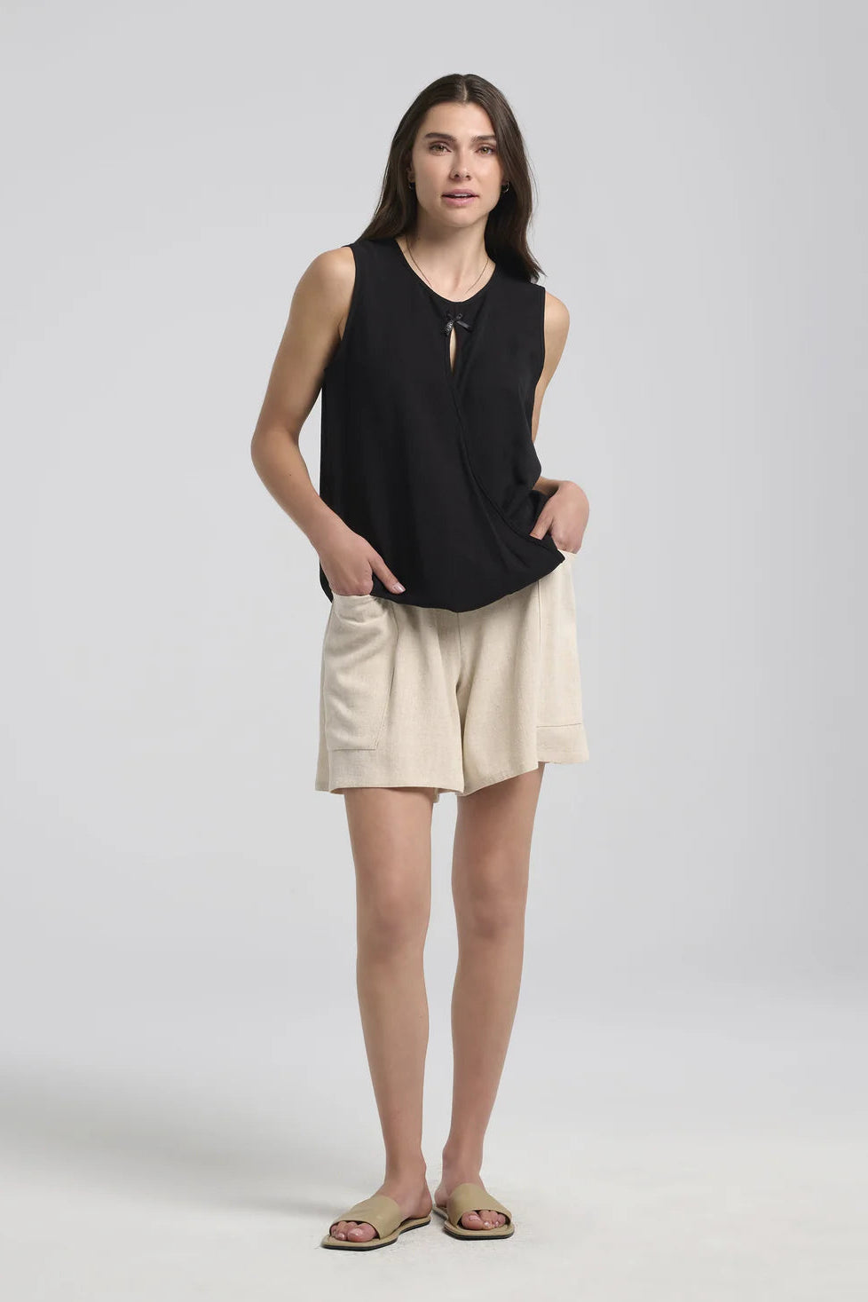 Seren Shorts by Kollontai, Beige, wide legs, elastic waist, large patch pockets, rayon blend.