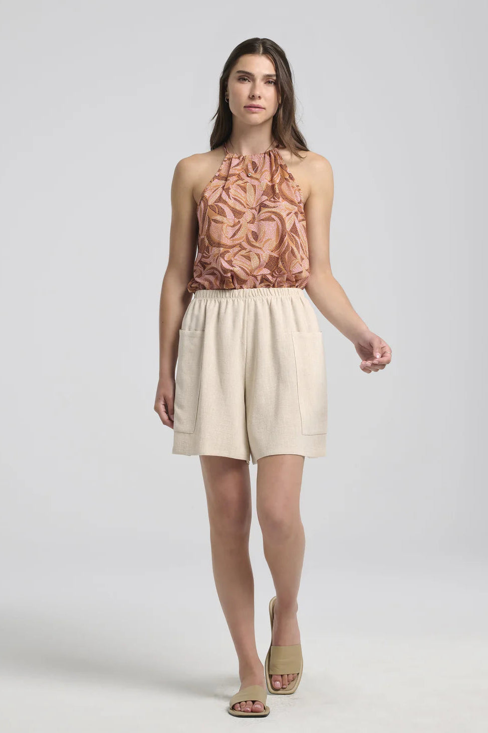 Seren Shorts by Kollontai, Beige, wide legs, elastic waist, large patch pockets, rayon blend, shown with the Semira Top in Cinnamon.