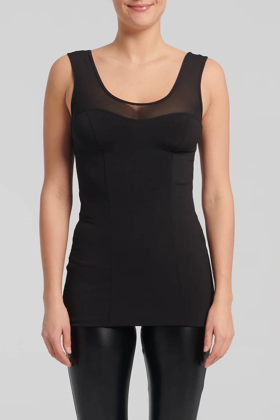 Theordora Top by Kollontai, Black, slim fit, wide straps, scoop neck front and back, mesh insert at the top, sizes XS to XL, made in Montreal