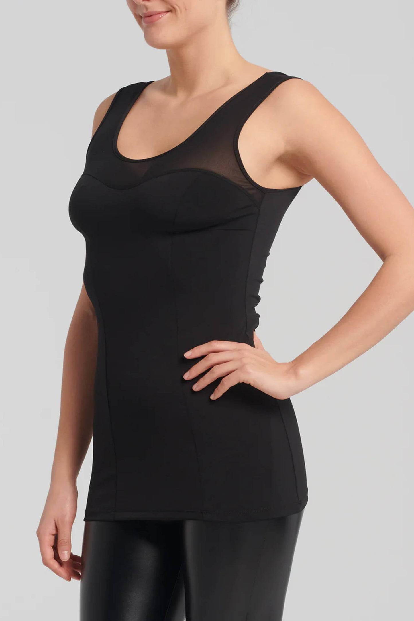 Theordora Top by Kollontai, Black, slim fit, wide straps, scoop neck front and back, mesh insert at the top, sizes XS to XL, made in Montreal