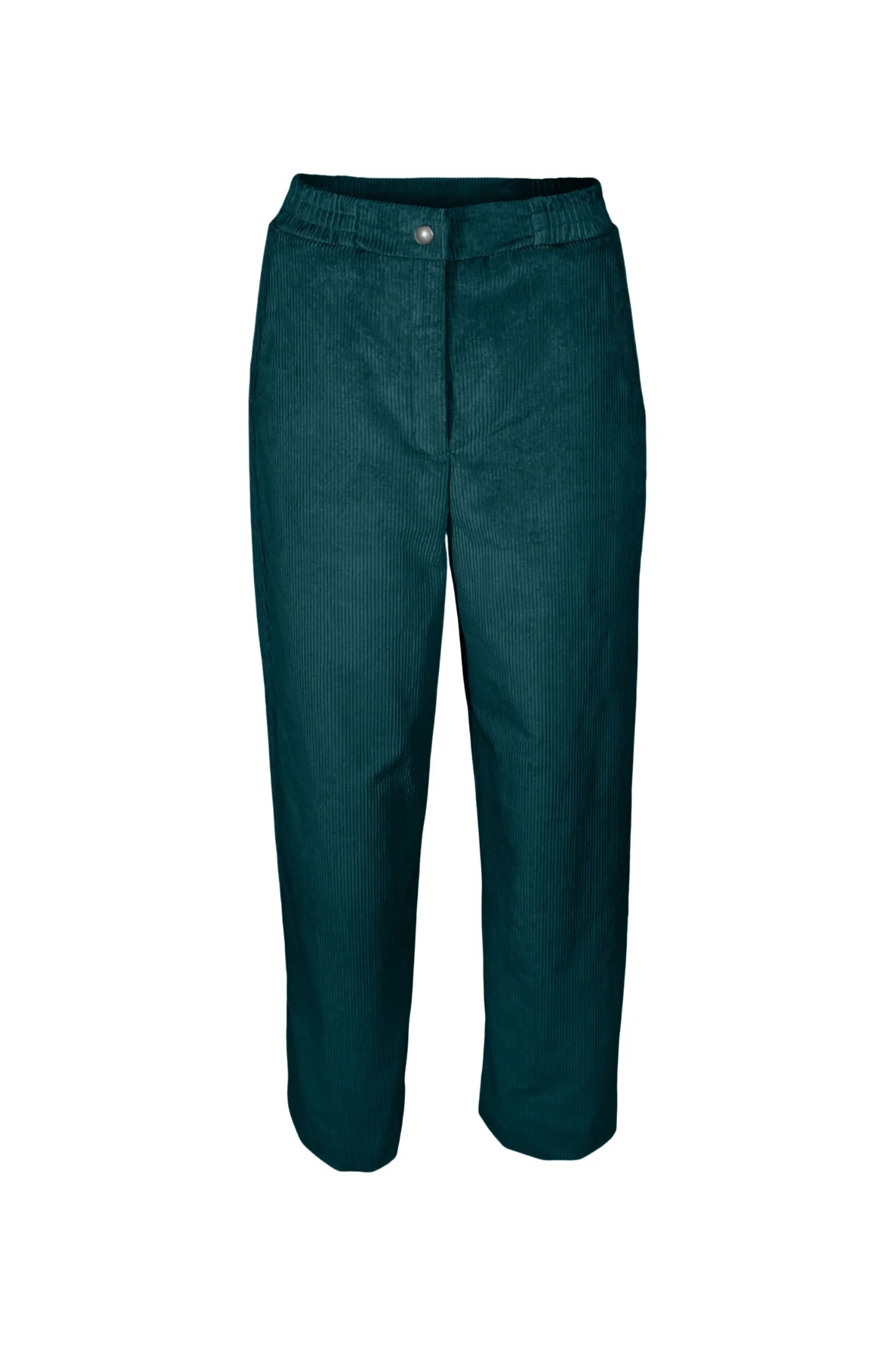 The Lane Pants by Melow in Oil, teal coloured corduroy pants with a straight cut, elastic at the side waist, and button and zipper closure, are shown in front of a white background.