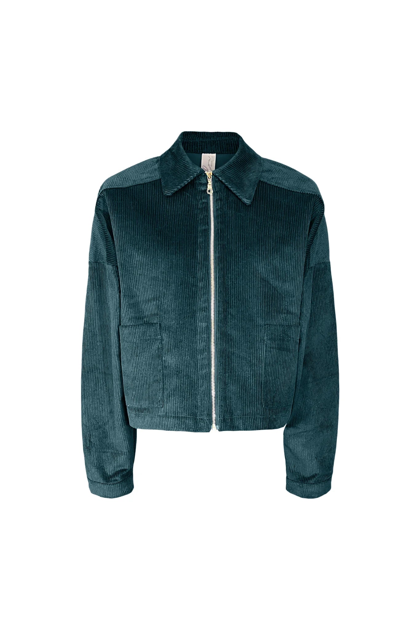 The Lennon Jacket by Melow in Petrole (Teal/Green), a short corduroy jacket with a blouse collar, zip front and patch pockets, is shown against a white background.