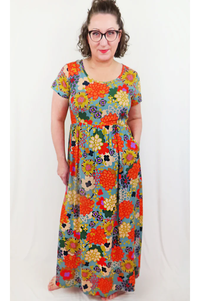 Lindley Maxi Dress by Mandala, Puff Floral, scoop neck, short sleeves, bust darts, gathered waist with back ties, fully lined skirt, pockets, sizes XS to XL, made in Ontario