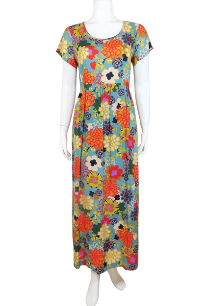  Lindley Maxi Dress by Mandala, Puff Floral, scoop neck, short sleeves, bust darts, gathered waist with back ties, fully lined skirt, pockets, sizes XS to XL, made in Ontario