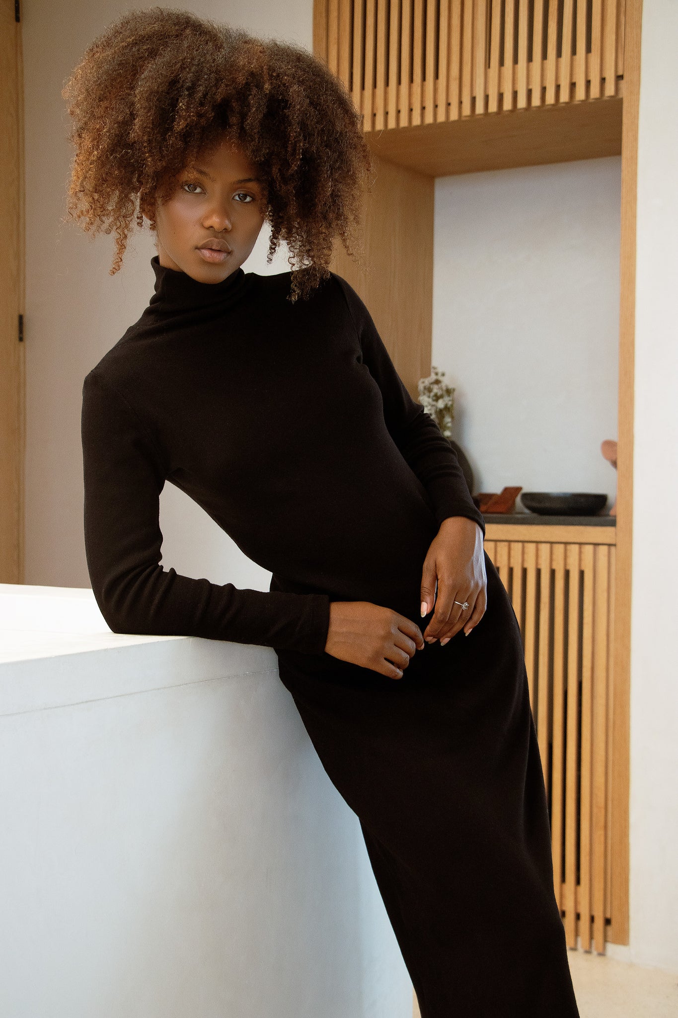 Woman in wearing the Mecca Dress by MAS in Pepper, a long slim-fitting turtleneck dress. She is standing next to a stone wall with greenery in the background.